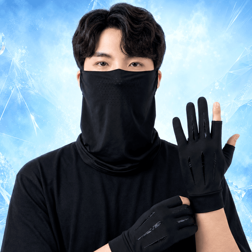 어나더랩 여름용 손가락 터치 장갑 오토바이 쿨 바라클라바 세트, 올블랙