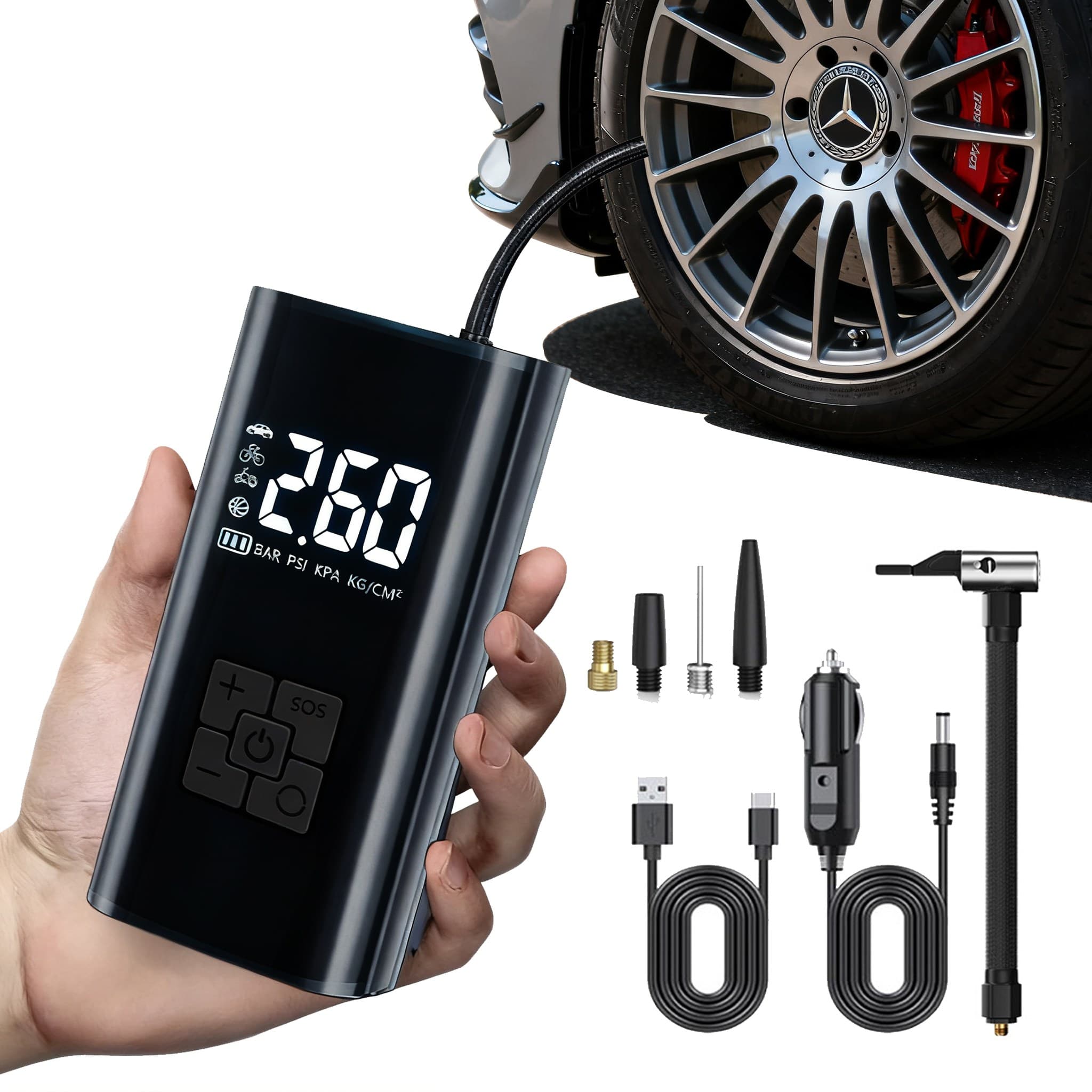 타이어 공기압 주입기 휴대용 무선 올인원 세트 6000mAh 타이어 압력 모니터링/led손전등/보조배터리/자동차 농구공 자전거 오토바이 다용도에어펌프